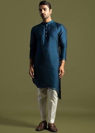 Teal Blue Asymmetric Kurta Pajama Set