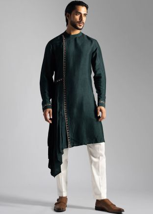Green Silk Embroidered Drape Style Kurta Pajama Set