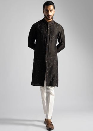 Readymade Brown Embroidered Kurta Pajama