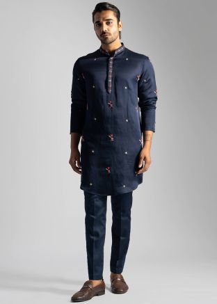 Shop Navy Blue Embroidered Mens Kurta & Pajama Online Panash India USA