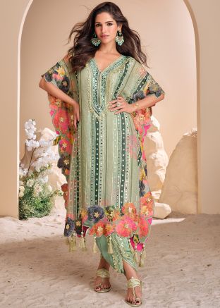 Green Embroidered Kaftan With Pant