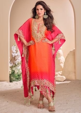 Orange Bandhej Print Kaftan With Pant In Crape