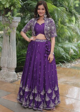 Purple Zari Embroidered Skirt Set With Jacket