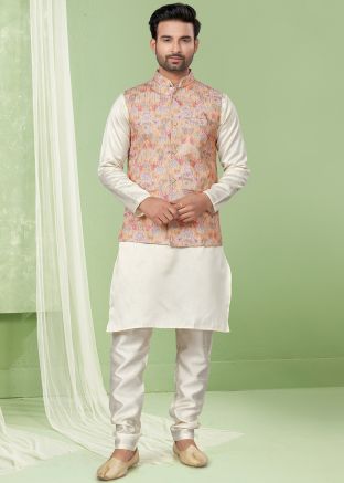 Cream Kurta Pajama & Floral Printed Nehru Jacket
