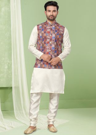 Cream Kurta Pajama & Multicolor Nehru Jacket