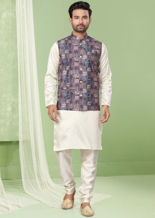 Cream Kurta Pajama & Printed Nehru Jacket