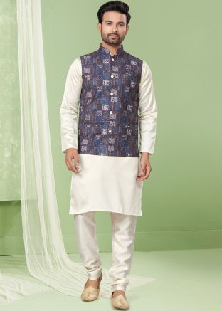 Cream Mens Kurta Pajama With Printed Nehru Jacket