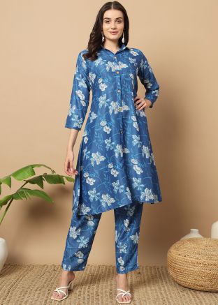 Blue Floral Print Kurta Set In Muslin