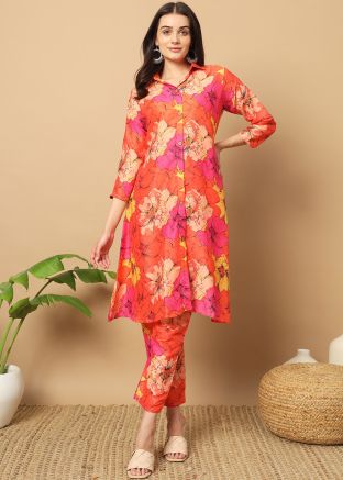 Orange Floral Print Kurta Set
