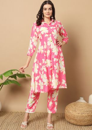 Pink Muslin Kurta Set In Floral Print