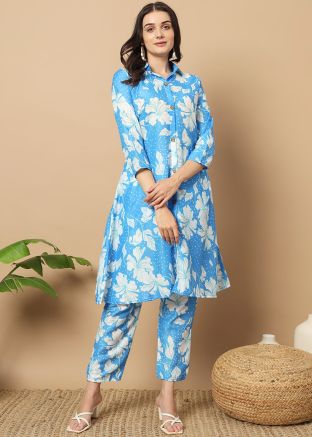 Blue Floral Print Kurta Set In Muslin