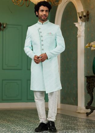 Turquoise Mens Indo Western Sherwani In Woven Work