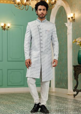 Mens Grey Woven Indo Western Sherwani Set