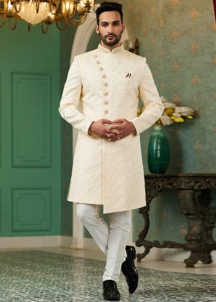 Golden Woven Asymmetric Indo Western Sherwani