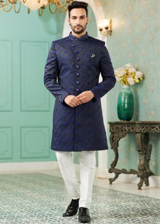 Blue Indo Western Sherwani For Men In Woven Work