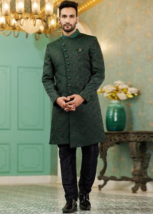 Green Mens Woven Work Indo Western Sherwani Set