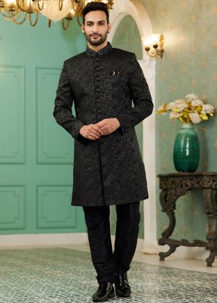 Mens Black Indo Western Sherwani In Woven Work
