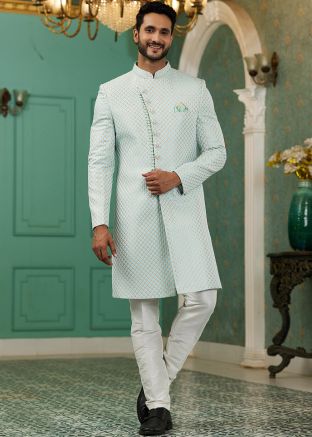 Readymade Blue Woven Indo Western Sherwani