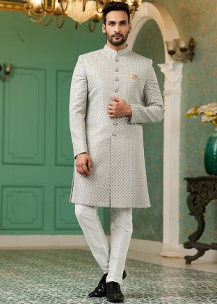 Grey Mens Woven Indo Western Sherwani