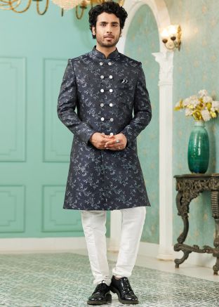 Mens Black Woven Indo Western Sherwani
