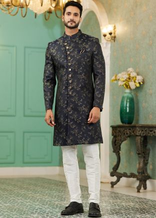 Black Woven Readymade Indo Western Sherwani