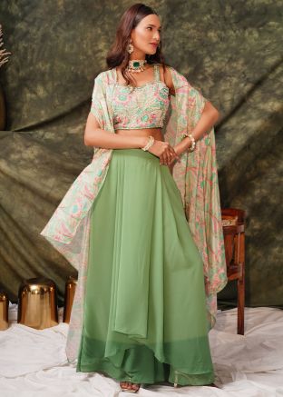 Green Embroidered Skirt Set With Jacket