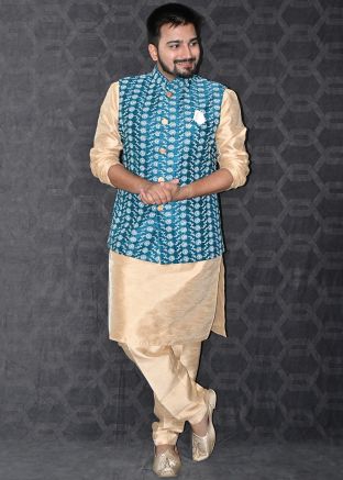 Golden Kurta Pajama & Blue Nehru Jacket