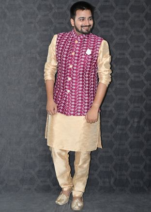Golden Kurta Pajama & Embroidered Nehru Jacket