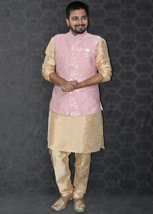 Mens Golden Kurta Pajama & Woven Nehru Jacket