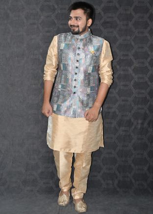 Golden Kurta Pajama & Printed Nehru Jacket
