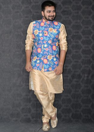 Golden Kurta Pajama & Printed Blue Nehru Jacket