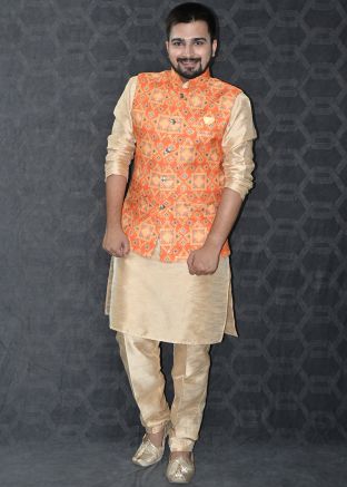 Golden Kurta Pajama & Printed Nehru Jacket