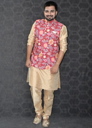 Golden Kurta Pajama & Red Printed Nehru Jacket