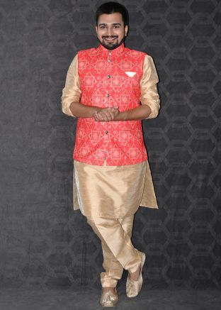 Golden Kurta Pajama & Mens Printed Nehru Jacket