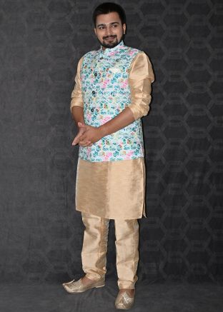 Mens Golden Kurta Pajama & Printed Nehru Jacket