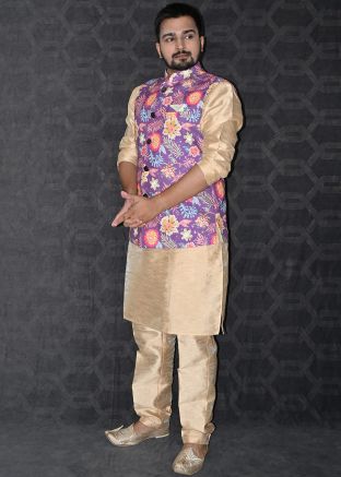 Readymade Golden Kurta Pant & Printed Nehru Jacket