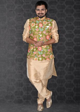 Mens Golden Kurta Pajama & Nehru Jacket