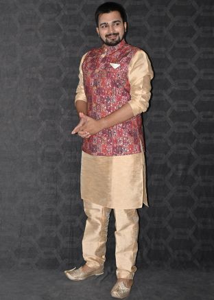Mens Golden Kurta Pajama & Printed Nehru Jacket