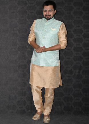 Mens Golden Kurta Pajama & Woven Nehru Jacket