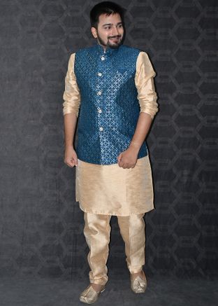 Golden Kurta Pajama With Embroidered Jacket