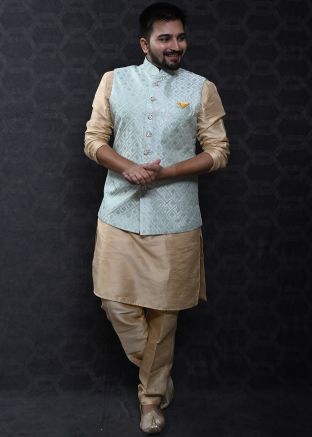 Golden Kurta Pajama & Blue Silk Nehru Jacket