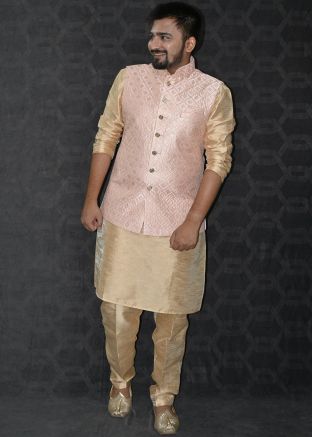Golden Kurta Pajama & Embroidered Nehru Jacket