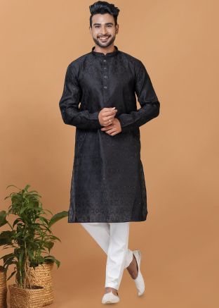 Black Woven Kurta Pajama In Silk