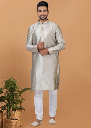 Silver Embroidered Kurta Pajama In Silk