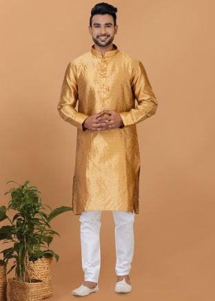 Yellow Woven Kurta Pajama In Silk