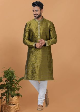 Green Embroidered Kurta Pajama In Silk