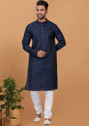 Blue Woven Kurta Pajama In Silk