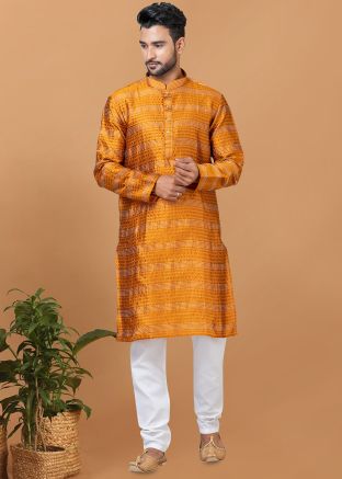 Yellow Embroidered Kurta Pajama In Silk