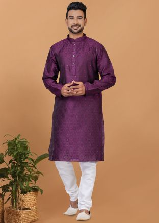 Purple Woven Kurta Pajama In Silk