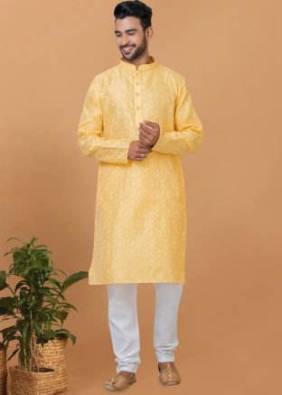 Yellow Woven Kurta Pajama In Silk